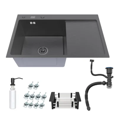 Produktbild von ANW HOME Edelstahl Küchenspüle 78×50 cm Nano Black 304, Spülbecken 1 Becken mit Abtropffläche & Seifenspender, Topmount Einbauspüle