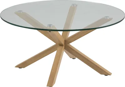 Produktbild von Heat Couchtisch Ø82 cm Tischplatte aus Glas und einem Metallgestell mit Eiche Folie.