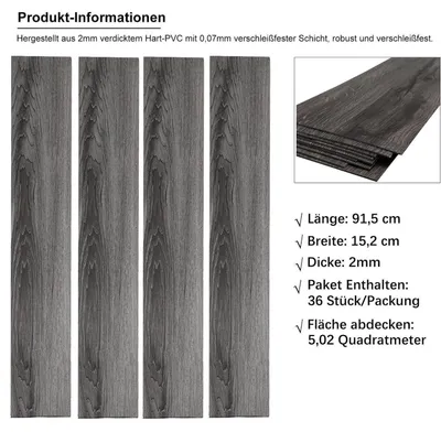 Obrázok produktu pre Samolepiaci vinylový podlahový obklad, tmavošedý, 5 m², 36 dlaždíc, 91,5 x 15,2 cm, hrúbka 2 mm