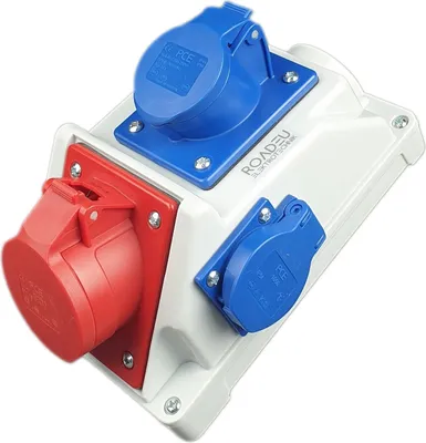 Produktbild von RoadEu - Kombi Wandsteckdose - Wandverteiler 16A CEE Steckdose 5P mit CEE 16A Steckdose 3P und Schuko - Baustromverteiler 16A - PCE Steckdosen - Aufputz Verteilerkasten - Stromverteiler Innen Außen