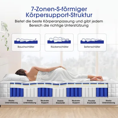 Productafbeelding van Matras 90x200 cm - Pocketveringmatras - Eenpersoonsmatras - Koudschuimmatras - Tweepersoonsmatras