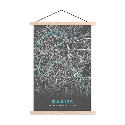 Produktbild von MuchoWow® Textilposter Paris - Blau - Karte - Stadtplan 40x60 cm mit holzfarbenen Rahmen - Poster