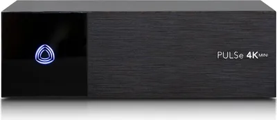 A product shot of a black media receiver with a brushed metal finish and a glowing blue logo on the left.