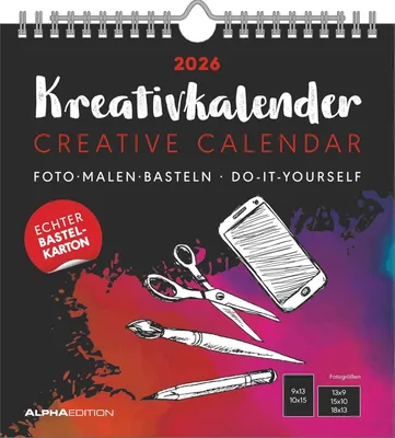 Produktbild von Alpha Edition -  Kreativ-Kalender M Schwarz 2026 - Bastelkalender (21×22 cm) mit Platz für Fotos & individuelle Gestaltung, schwarzer Hintergrund, ideal zum Malen & Basteln