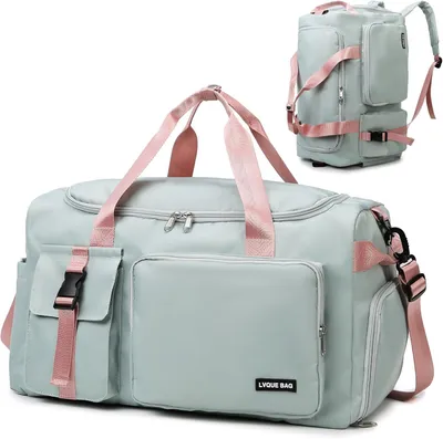 Produktbild von Sporttasche,42L Reisetasche(Gruen/Rosa) mit Schuhfach Nassfach Wasserdicht Trainingstasche Travel Duffle Bag mit Rucksack Weekender Fitnesstasche
