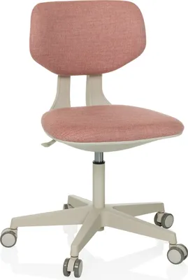 A pink and beige office chair with wheels, shown from the front.