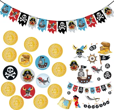 Produktbild von Oblique Unique Piraten Party Kindergeburtstag Deko Set - Girlande + Temporäre Tattoos + Konfetti