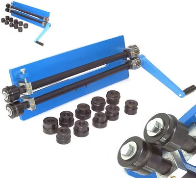 A blue metal bending and beading machine with various attachments is displayed on a white background.