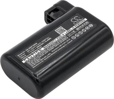 A black lithium-ion battery pack is shown against a white background.