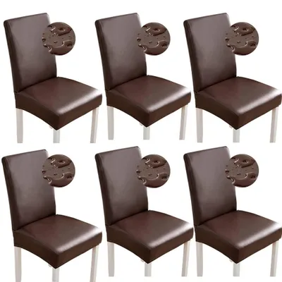 Produktbild von Stuhlhussen 6/4-teiliges Set aus Kunstleder, wasserdicht, elastisch, geeignet für Esszimmerstühle, universelle Stuhlhussen für Zuhause, Büro und Restaurant (6-teilig, Kaffeefarbe)