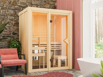 Produktbild von KARIBU Elementsauna Paradiso 1, 68 mm Fichte, Innenmaße 139x104x192 cm, Innensauna für 2 3 Personen, mit bronzierter Ganzglastür, Liege und Rückenlehne aus Espenholz, Ofenschutzgitter
