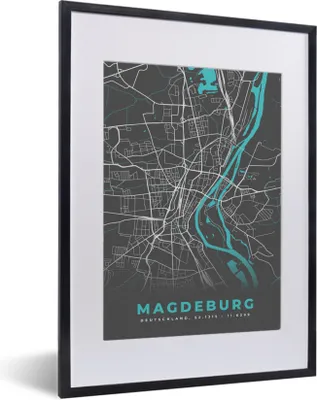Produktbild von MuchoWow® Gerahmtes Poster Blau - Deutschland - Karte - Stadtplan - Magdeburg 30x40 cm - Poster mit Schwarzem Bilderrahmen Wandposter Rahmen Foto Bilder - Wandposter Schlafzimmer