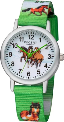 A close-up studio shot of a children's watch with a horse theme.