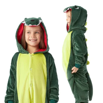 Two children wearing dinosaur costumes against a white background.