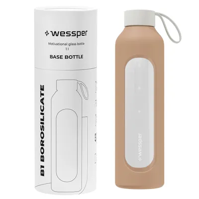 Produktbild von Wessper Trinkflasche aus Glas mit Silikonhülle – 1 L – mit Zeitmarkierungen – Beige