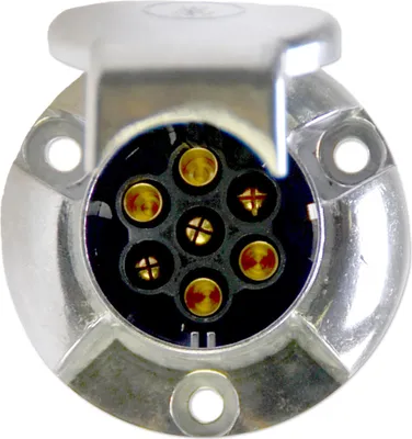 Close-up view of a 7-pin trailer socket with a protective cover.
