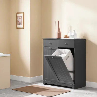 Immagine prodotto di BZR33-II Mobiletto da bagno - Cesto portabiancheria e 2 cassetti - MDF - 78×90×38 cm - Autoassemblaggio - Design moderno - Grigio scuro