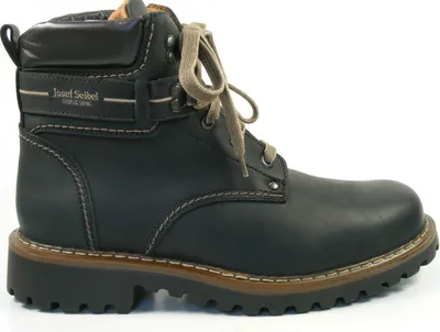 A black leather boot with tan laces and a thick sole, shown from the side against a white background.