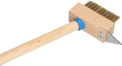 A cleaning brush with a wooden handle and a metal scraper attached.