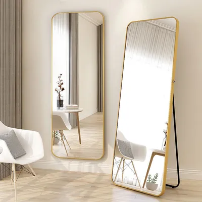 Produktbild von Buxibo Ganzkörperspiegel – Wandspiegel im minimalistischen Design – Stehender rechteckiger Spiegel mit Metallkante – Gold – 50 x 160 x 3 cm