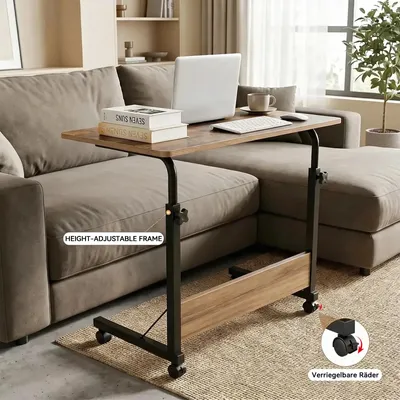 Produktbild von C-förmiger Beistelltisch für das Sofa - Höhenverstellbar - Drehbare Holzplatte - Bambusrahmen - Mit Rollen - Schmale Bauform - 50 cm