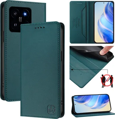 Produktbild von Lederhülle für Xiaomi 14 Hülle Flip Brieftasche Kartenfächern Ständer Schutzhülle Dunkelgrün