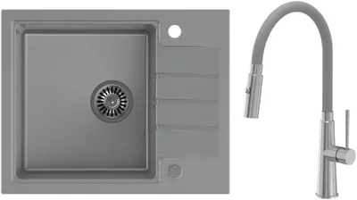 Immagine prodotto di VBChome Lavello in granito grigio 62 x 50 cm Grigio Rubinetto flessibile Lavello in granito Lavello singolo Lavello da incasso Siphon a spruzzo