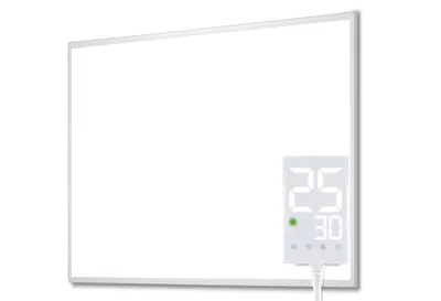 A white infrared heater panel with a digital display showing temperature settings.