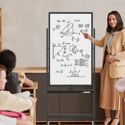Immagine prodotto di Lavagna magnetica fronte-retro 60 x 100 cm con ruote, supporto e portapenne nera