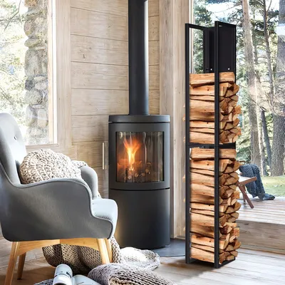Productafbeelding van Eikuavons houtrek voor haardhout, 25 x 25 x 160 cm, metalen wand- en staand rek, zwart, met houten draagtas, draagvermogen tot 50 kg