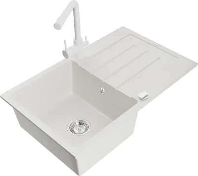 Immagine prodotto di Mexen Bruno lavello da cucina in granito a 1 vasca con scolapiatti e rubinetto Duero, bianco - 6513-20-671600-20