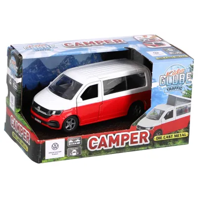Image de Kids Globe Traffic - Volkswagen Transporter Camper 13,5 cm blanc/rouge en fonte