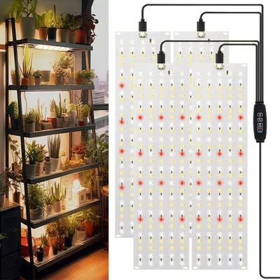 A plant grow light panel with multiple LEDs, shown next to a shelf filled with potted plants.