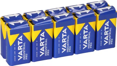 A group of Varta Industrial Pro 9V batteries arranged in a grid.
