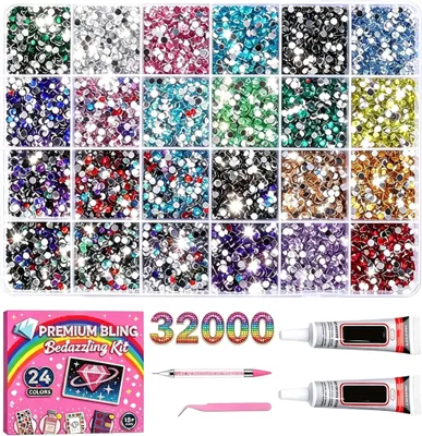 Productafbeelding van Diamantstenen set, 32.000 stuks, 3 mm, harsmateriaal met platte achterkant, inclusief lijm en gereedschap, geschikt voor