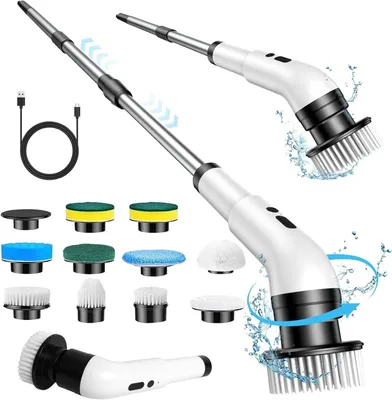 Obrázok produktu pre Elektrický čistiaci nástroj – Bezdrôtová kefka – Čistenie podláh v kúpeľni – 10 vymeniteľných hlavíc – 140 cm teleskopická tyč – Biela