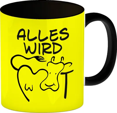 Produktbild von Alles wir KUHt Kaffeebecher Schwarz in gelb zum Thema Bauernhof mit Kuh Motiv