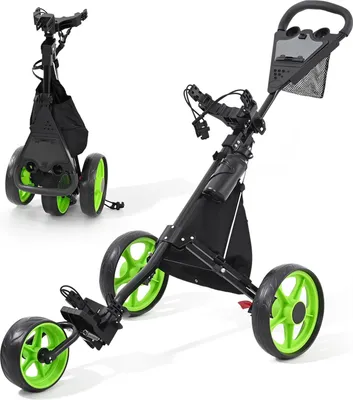 Obrázek produktu pro Golfový vozík – 3kolový – skládací – výškově nastavitelný – kola 35,6 cm – dojezd 30–50 km – baterie >230 Ah – nožní brzda – zelený