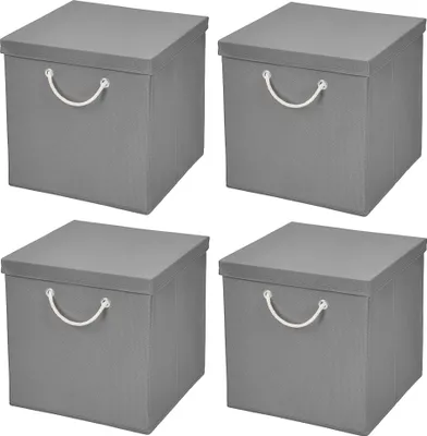 Produktbild von 4 Stück Hellgrau Faltbox 30 x 30 x 30 cm Aufbewahrungsbox faltbar mit Kordel und mit Deckel
