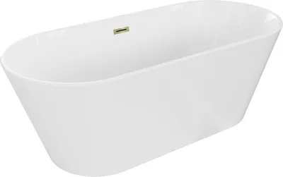 A white freestanding bathtub with a gold overflow drain.