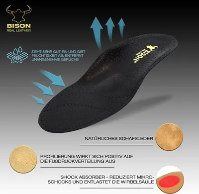 Produktbild von BISON ALFA - Leder Schuheinlagen Schuhe - Plattfuß Einlagen Fußschmerzen - Orthopädische Sohle mit Abschreibung Absatz - Leather Shoe Insoles - 1 Paar (42)