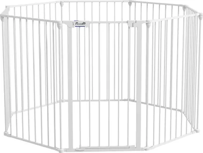 A white, octagonal pet playpen is shown against a white background.