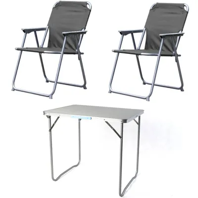 A set of camping furniture including two chairs and a table, presented against a white background.