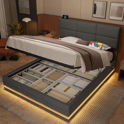 Obrázok produktu pre Postel s čalúneným rámom, rozmer 140x200 cm, v sivej farbe, s velúrovým poťahom, nastaviteľnou opierkou hlavy, USB a Type-C portami, LED osvetlením a úložným priestorom