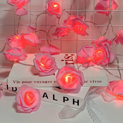 A string of LED rose lights draped over books, with some roses in the foreground.