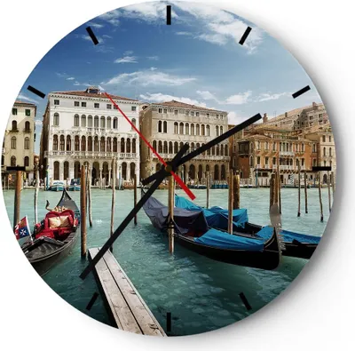 Produktbild von Wanduhr - Rund - Glasuhr - Architektur venedig italien gondel - 30x30cm - Schleichendes Uhrwerk - Lautlos - zum Aufhängen bereit - Dekoration Modern - Wanddekoration aus Glas - C3AR30x30-2705