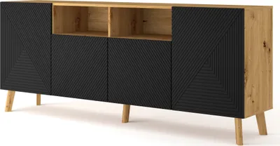 Obrázok produktu pre Komoda LUXI 4D 195 cm Artisan Dub / Čierny matný príborník Skrinka s frézovanými čelami MDF s otvorenými policami Bufet