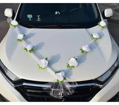 Immagine prodotto di Set per decorazioni auto per matrimoni, composto da 9 ventose e 2 nastri di organza, colore bianco