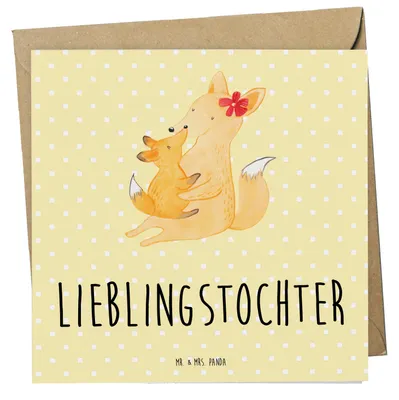 Produktbild von Mr. & Mrs. Panda Glückwunschkarte Fuchs Mama - Gelb Pastell - Geschenk, doppelkarte, Grußkarte, anlasskarte, Klappkarte, faltkarte, Tochter, Muttertag, Mami, Schoß