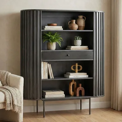 Zdjęcie produktu dla FineBuy Regał na książki Regał stojący z litego drewna z szufladą Nowoczesny regał do salonu z metalowymi nogami Regał do przechowywania do salonu, biura lub gabinetu